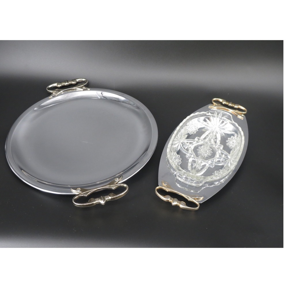 Kromex Serving Tray Set Platter Relish Dish with Glass Insert Retro VTG Dining - Picture 2 of 7
